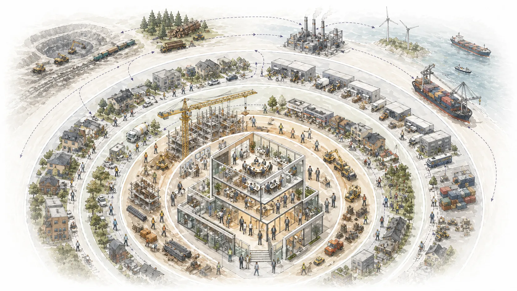 Isometric illustration of a building at the center of six concentric rings representing the people it touches — tenants, facilities staff, construction workers, community residents, supply chain vendors, and raw material laborers