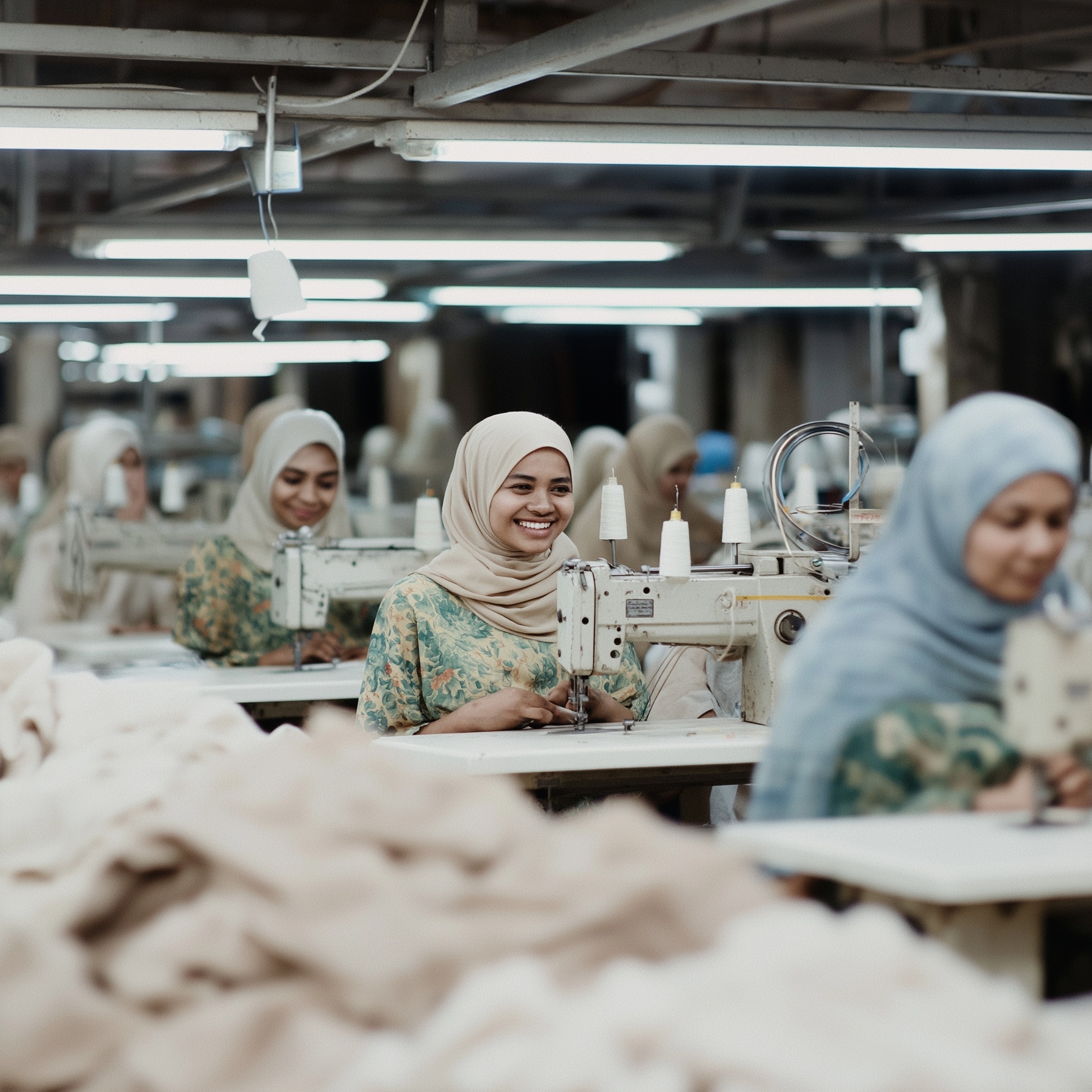 Garment workers at sewing machines in a textile factory