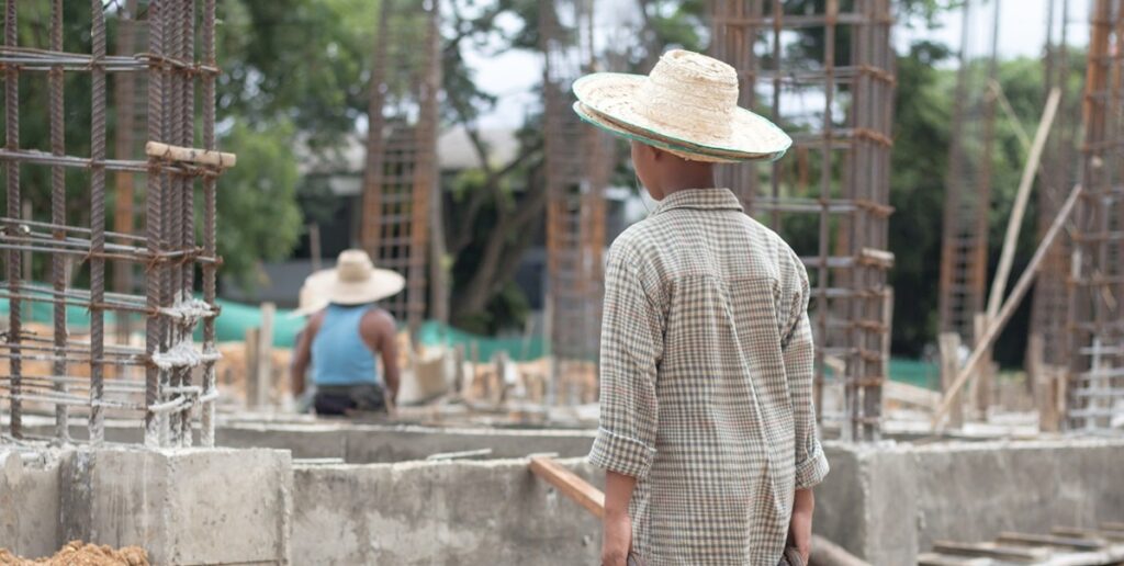 Workers on a commercial construction site